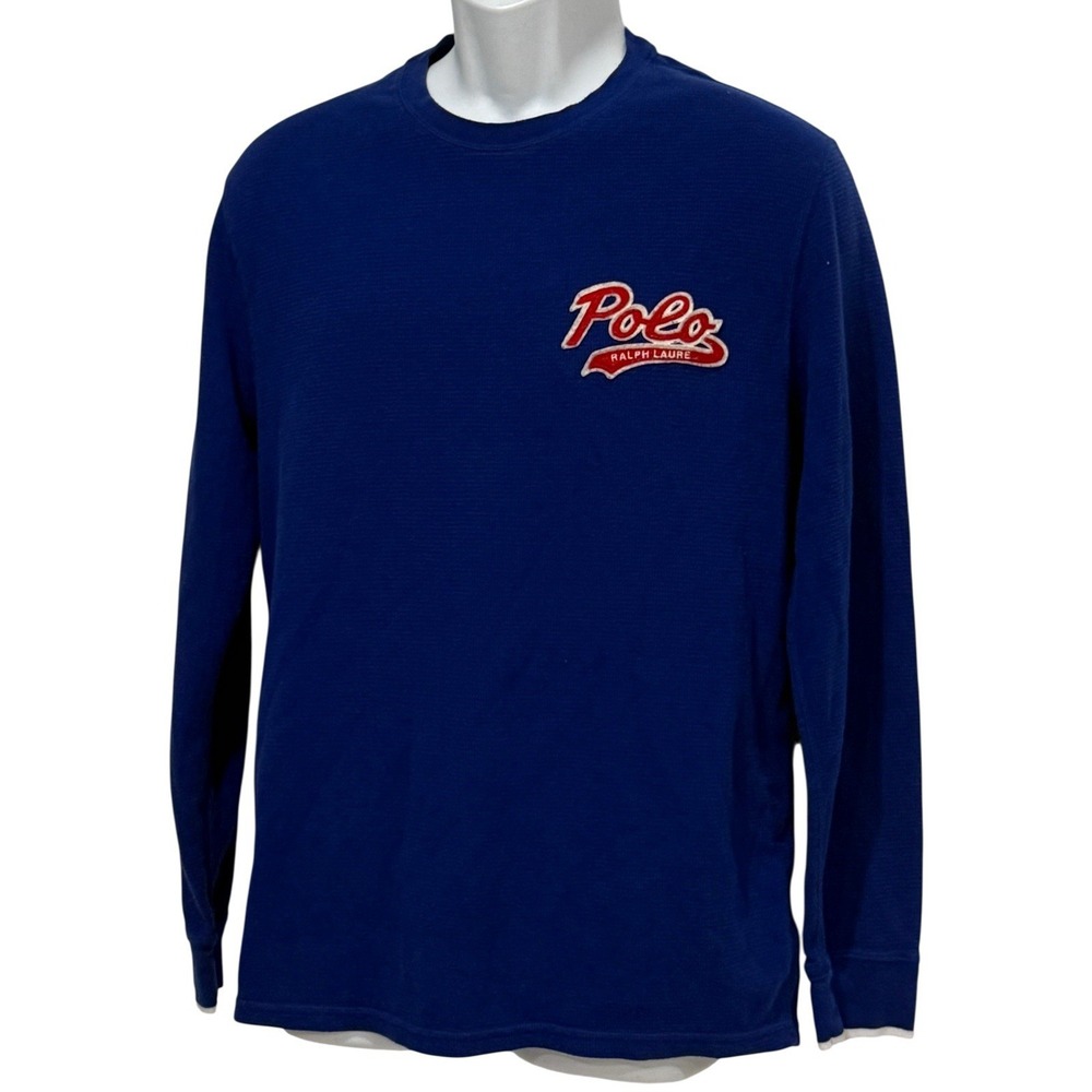 Polo RALPH LAUREN Men Shirt L Blue Thermal Waffle Weave Varsity Script Crewneck
